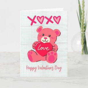 XOXO Pink Teddy Bear Love Heart Valentine Day Card