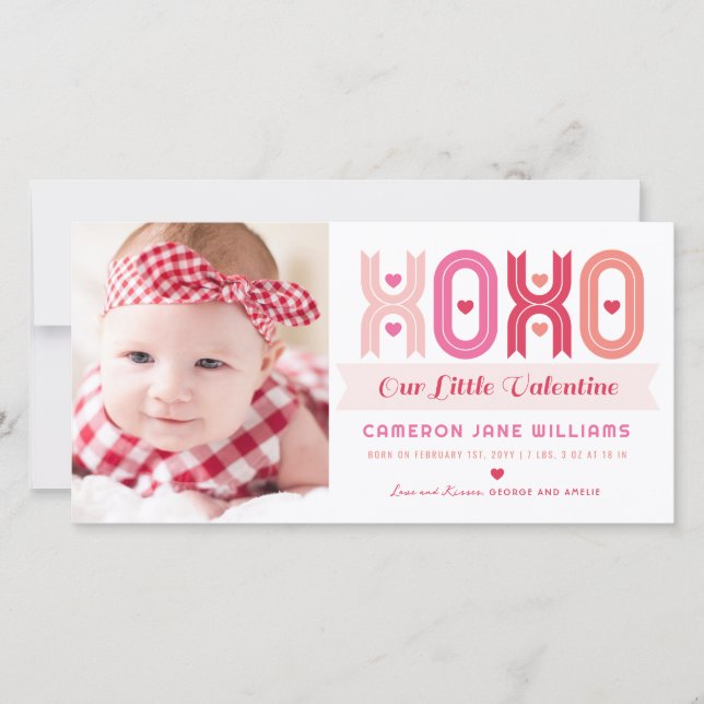 XOXO Pink Valentine Photo Girl Birth Announcement (Front)