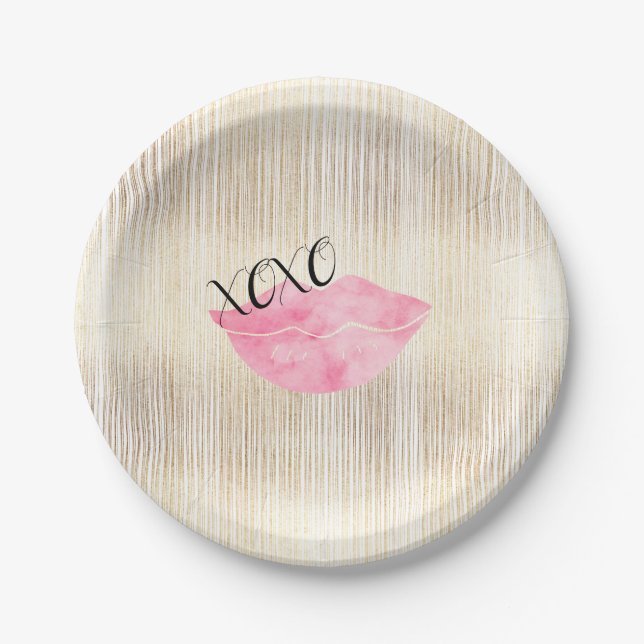 XOXO Pink Watercolor Lips Paper Plate (Front)