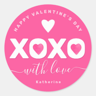 XOXO Pink White Valentine's Day Your Name Custom Classic Round Sticker
