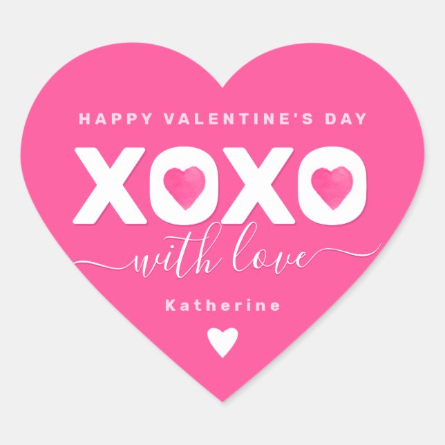 XOXO Pink White Valentine's Day Your Name Custom Heart Sticker (Front)