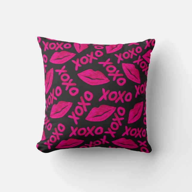 XOXO Quote Black Neon Pink Lips Lipstick Pattern Cushion (Front)