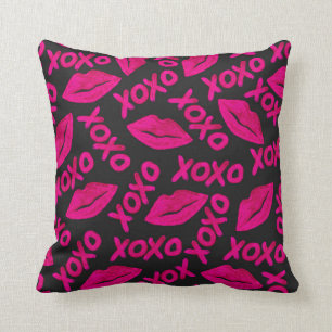 XOXO Quote Black Neon Pink Lips Lipstick Pattern Cushion