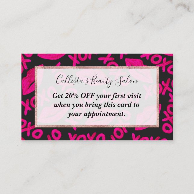 XOXO Quote Black Neon Pink Lips Lipstick Pattern Discount Card (Front)