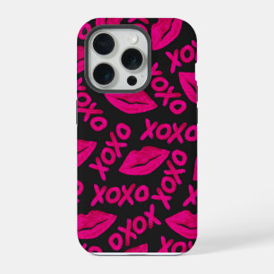 XOXO Quote Black Neon Pink Lips Lipstick Pattern iPhone 15 Pro Case