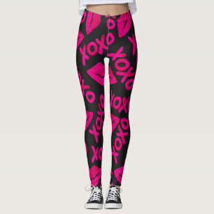 XOXO Quote Black Neon Pink Lips Lipstick Pattern Leggings