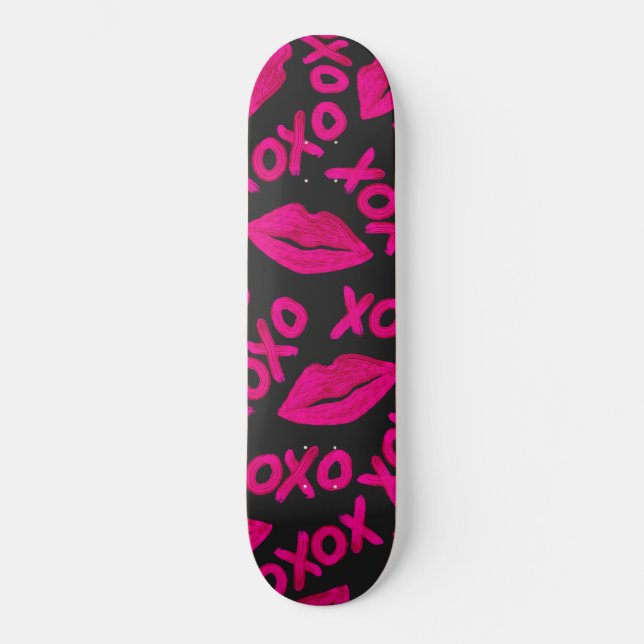 XOXO Quote Black Neon Pink Lips Lipstick Pattern Skateboard (Front)