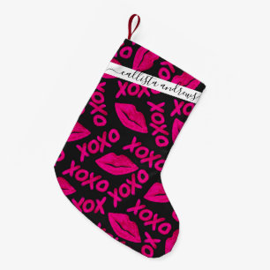XOXO Quote Black Neon Pink Lips Lipstick Pattern Small Christmas Stocking