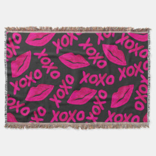 XOXO Quote Black Neon Pink Lips Lipstick Pattern Throw Blanket