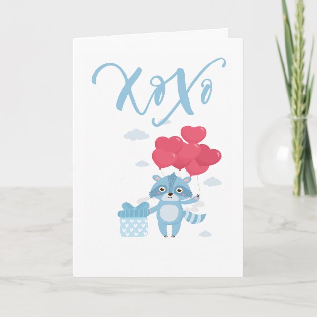 Xoxo Racoon And Balloons Valentines Day Holiday Card (Front)