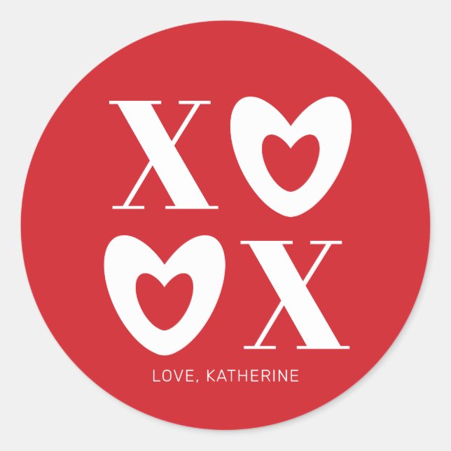 XOXO red and white hearts typography modern cute Classic Round Sticker (Front)