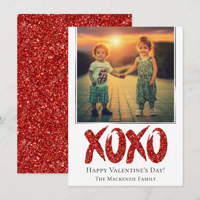 XOXO Red Glitter | Brushstroke Photo Valetines Day Holiday Card (Front/Back)