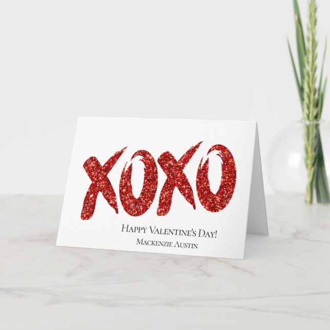 XOXO Red Glitter | Glam Brushstroke Valentines Day Holiday Card (Front)