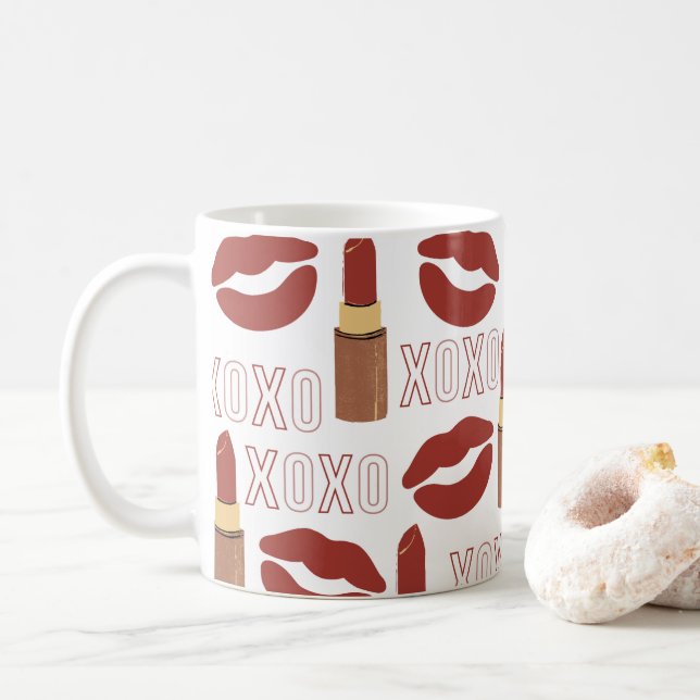 XOXO, Red Lipstick, and Kisses in White Background Coffee Mug (With Donut)