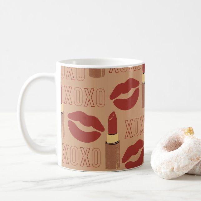 XOXO, Red Lipsticks, and Kisses Pattern Coffee Mug (With Donut)