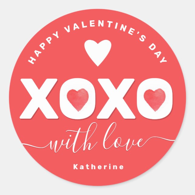 XOXO Red Valentine's Day Personalized Name Classic Round Sticker (Front)