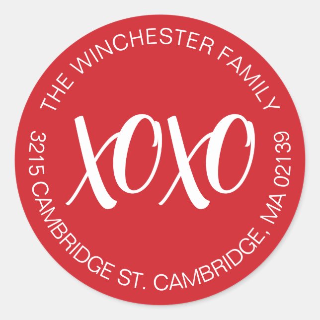 XOXO red white Valentine's Day address  Classic Round Sticker (Front)