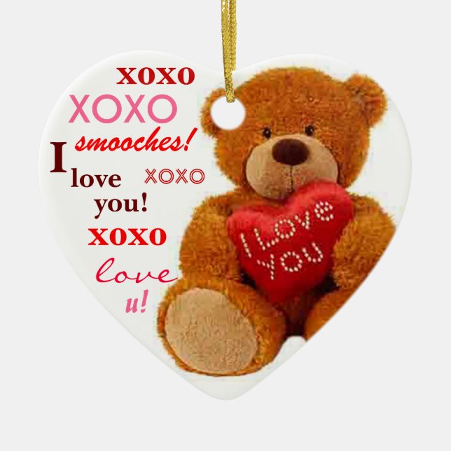 XOXO Romantic Teddy Bear Valentine Heart Ceramic Tree Decoration (Front)