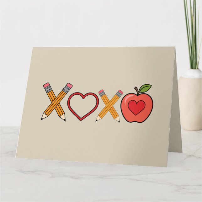 XOXO Teacher Valentine's Day Pencil And Apple  Card (Front)