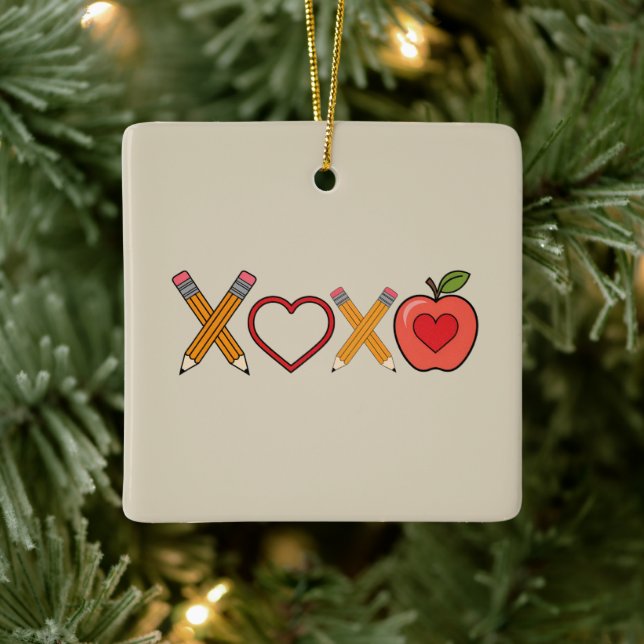 XOXO Teacher Valentine's Day Pencil And Apple  Ceramic Ornament (Tree)