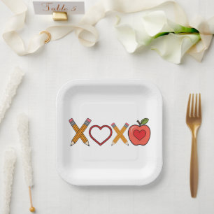 XOXO Teacher Valentine's Day Pencil And Apple Paper Plate