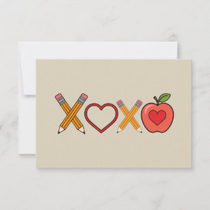 XOXO Teacher Valentine's Day Pencil And Apple  Thank You Card