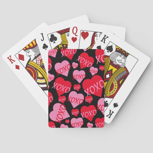 XOXO Valentine Pink Red Heart Pattern Black Playing Cards (Back)