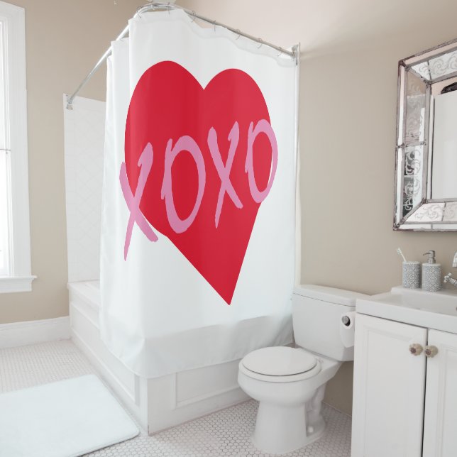 XOXO Valentine Red Heart Pink Hugs Kisses White Shower Curtain (In Situ)