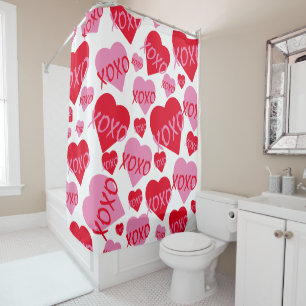 XOXO Valentine Red Heart Pink Hugs Kisses White Shower Curtain
