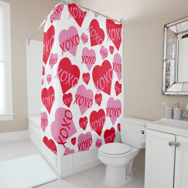 XOXO Valentine Red Heart Pink Hugs Kisses White Shower Curtain (In Situ)