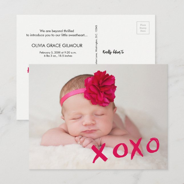 XOXO Valentine's Baby Girl Custom photo birth stat Announcement Postcard (Front/Back)