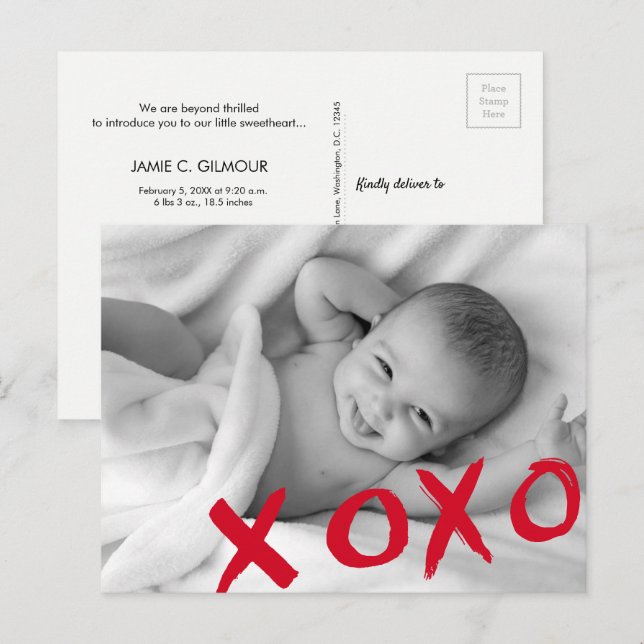 XOXO Valentine's Birth Announcement baby photo (Front/Back)