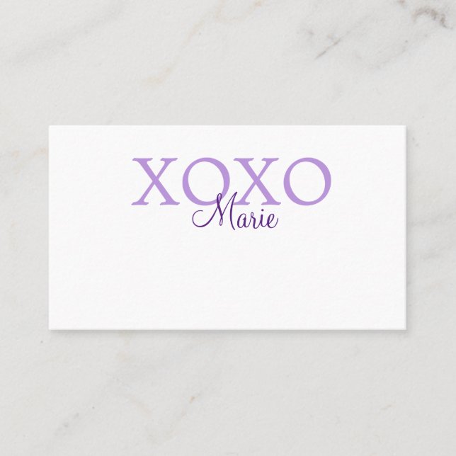 Xoxo valentine's day add name purple pastel minima business card (Front)