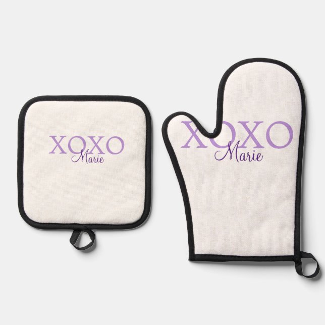 Xoxo valentine's day add name purple pastel minima oven mitt & pot holder set (Front)