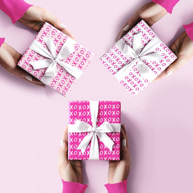 XOXO Valentine's Day Galentine's HOT Pink White Wrapping Paper Sheet (Galentine's day gift wrap paper set. Pink XOXO pattern design.)