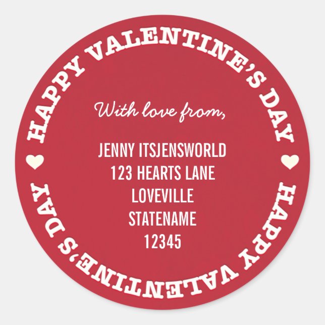 XOXO Valentines Day Return Address  | Red Classic Round Sticker (Front)