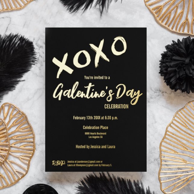 XOXO Valentines Party Galentine's Day Friends Foil Holiday Card (Real gold foil XOXO Valentine's Day invitation black and gold.)