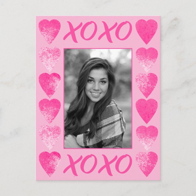 XOXO Valentines Pink Watercolor with Photo Postcard (Front)