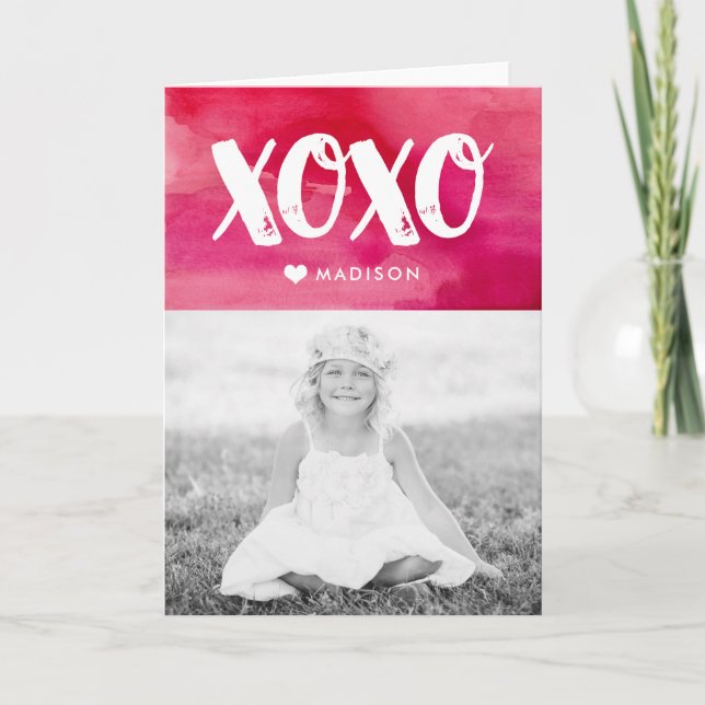XOXO Watercolor Folded Valentine's Day Photo Card (Front)