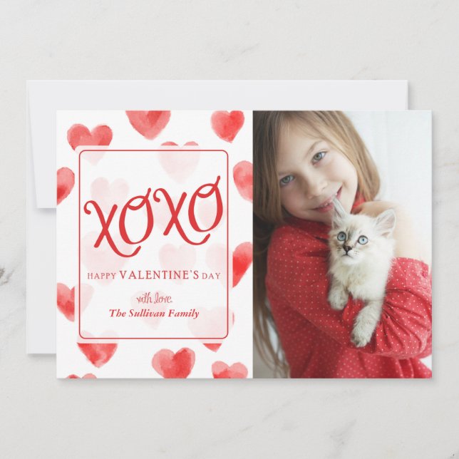 XOXO Watercolor Hearts Valentine's Day Card (Front)