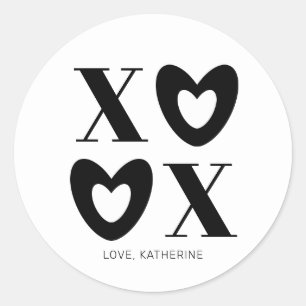 XOXO white black hearts typography modern custom Classic Round Sticker