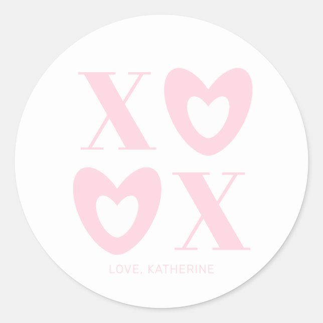 XOXO white pink hearts modern girly cute custom Classic Round Sticker (Front)