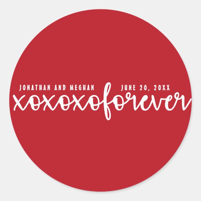 XOXOXO Forever Red and White Personalised Wedding Classic Round Sticker (Front)