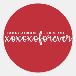 XOXOXO Forever Red and White Personalised Wedding Classic Round Sticker