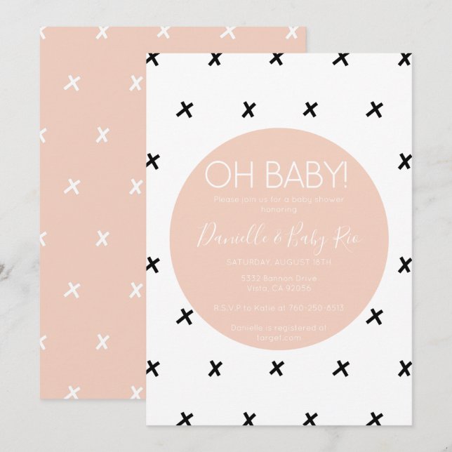 X's Modern baby shower black white pink pattern X Invitation (Front/Back)