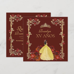 xv AÑOS Gold and Burgundy Red Rose Quinceañera Invitation