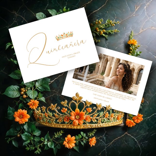 XVs Sophisticated Colorful Tiara & Elegant Script Thank You Card (Sophisticated Colorful Princess Tiara & Elegant Script Photo Quinceañera Thank You Cards.)