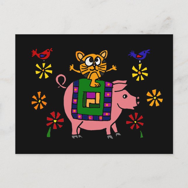 XX- Cat Sitting on a Pig with Flowers Folk Art Postcard (Front)