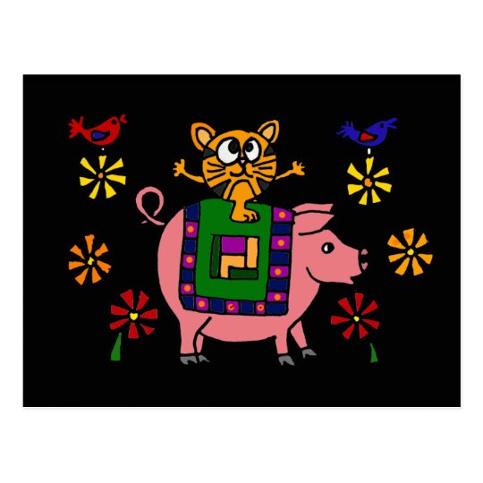XX- Cat Sitting on a Pig with Flowers Folk Art Postcard