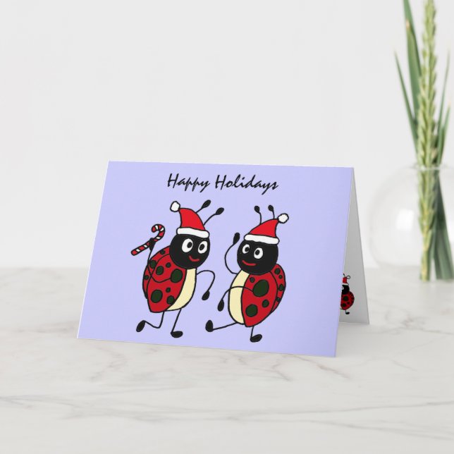 XX- Dancing Ladybugs Wearing Santa Hats Holiday Card (Front)
